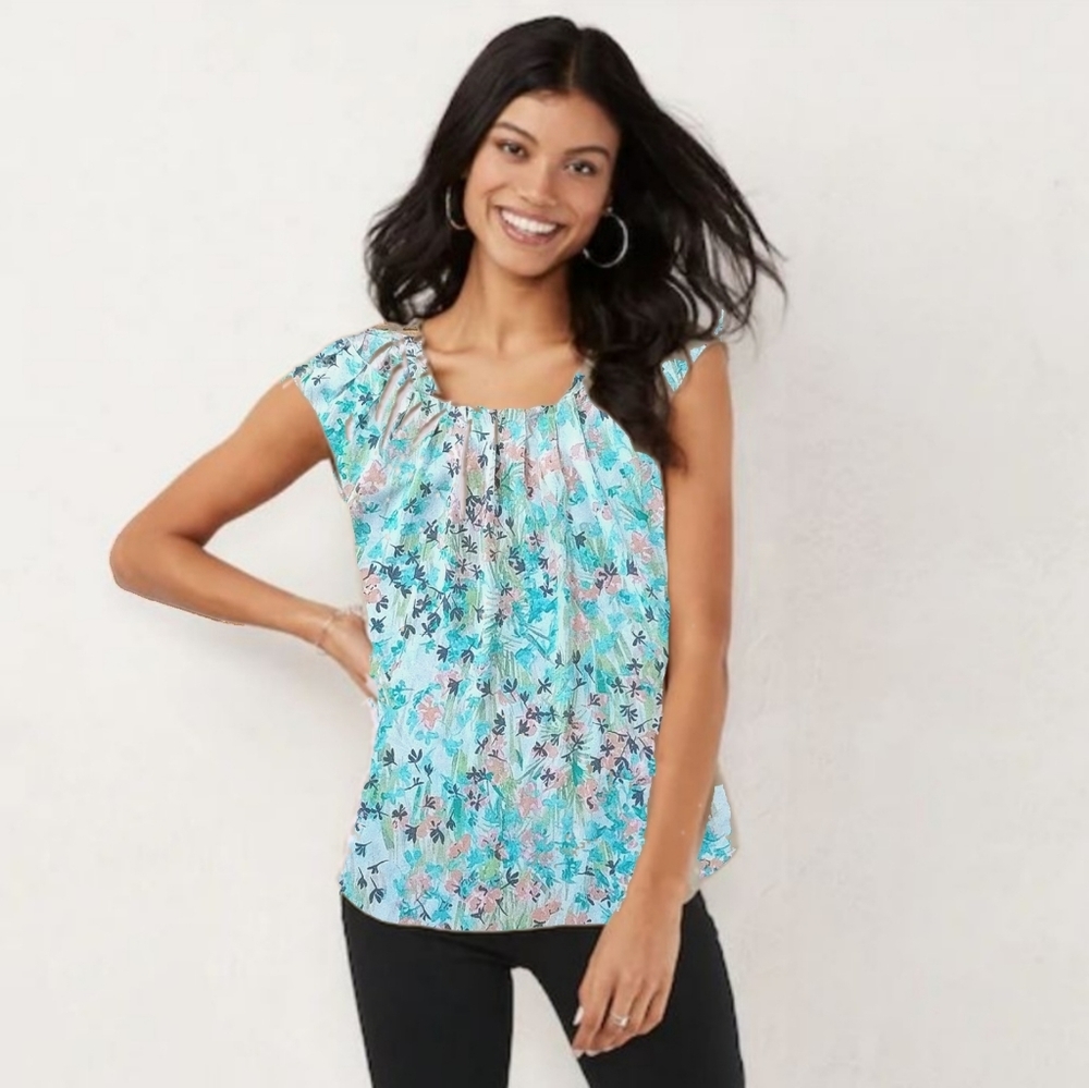XS LC Lauren Conrad Pleated Floral Tie Back Blouse